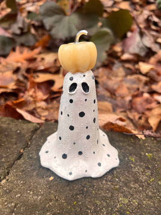 Polka Dot Pumpkin Ghost Sculpture Harvest Spooky Halloween Haunted Figurine Magical OOAK Original Art Ghostling
